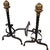 fine pair of heavy forged wrought iron fireplace andirons with stout urn-form brass finials, spiral twisted iron shafts,...