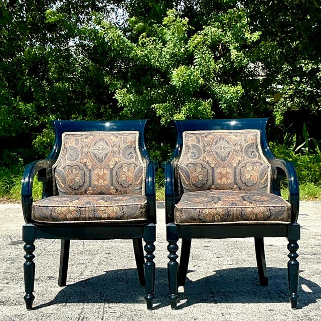 Traditional Vintage Regency Navy Lacquered Paisley Lounge Chairs - a Pair For Sale - Image 3 of 6