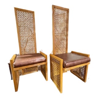 Pair of MCM Designer High Back Rattan Hall Chairs For Sale