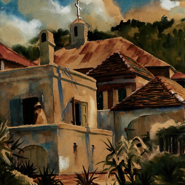 Tropical Watercolor Painting With Buildings by Avery Johnson For Sale In West Palm - Image 6 of 11