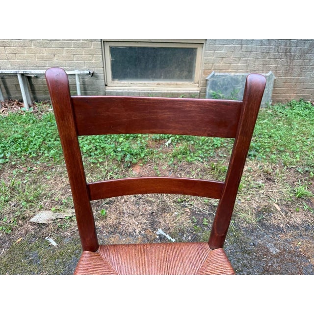 Brown Vintage Early American Shaker Style Solid Wood Ladder Back Rush Seats Dining Chairs For Sale - Image 8 of 16
