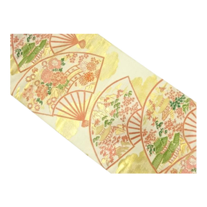 Mid Century Japanese Obi for Kimono Hand Woven Silk Brocade Fabric Antique Nagoya Obi Woven Fan Peony Floral Bridge Flower