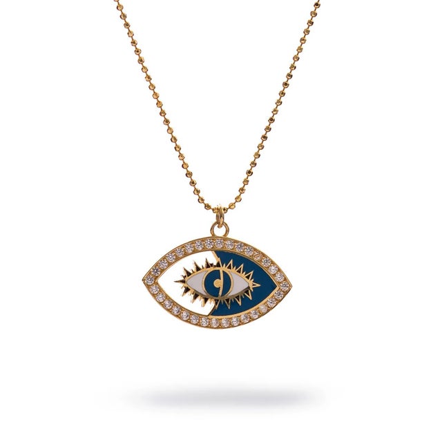 Celestial Evil Eye Blue Enamel Gold Necklace For Sale - Image 10 of 10