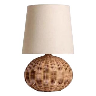 Light Beige Linen & Spherical Rattan Lamp For Sale
