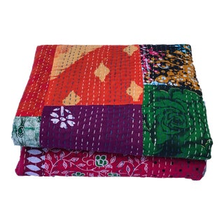 Vintage Indian CottonThrow Kantha Quilt 89" by 63 For Sale