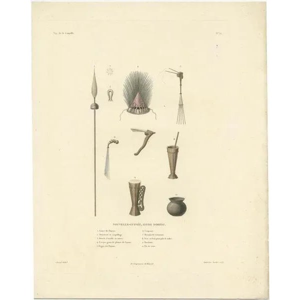 Antique print titled 'New Guinea, Doreri Harbour'. Original old print with artifacts from the haven of Doreri, New Guinea...