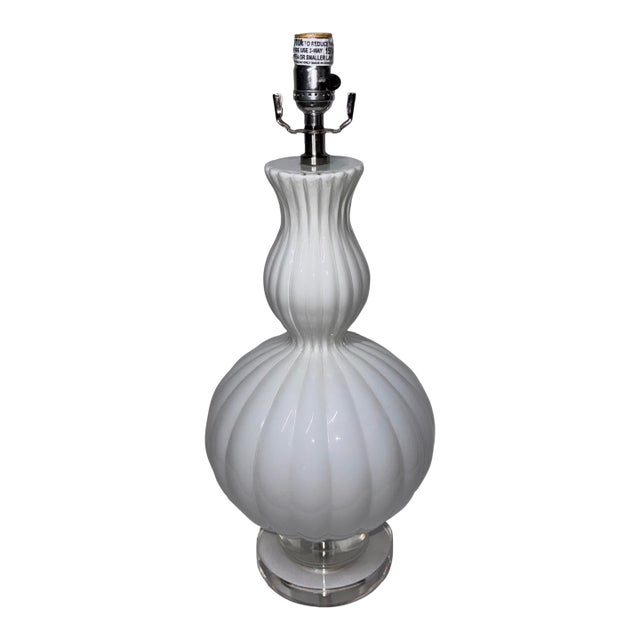 Ribbed White Glass Double Gourd Lamp Lucite Base For Sale