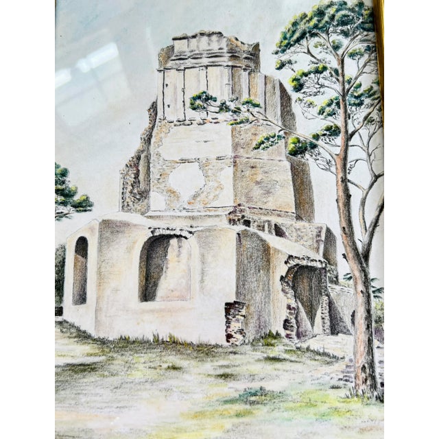 Vintage mid century, French Provence France Roman History, Original colored pencil Drawing of La Tour Magne in Nimes,...