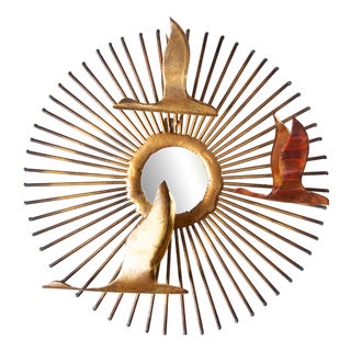 Metal Sunburst Wall Sculpture with Birds, 1970s For Sale