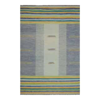 Abstract Kilim Blue Gold Wool Rug - 8'6" X 11'5" For Sale