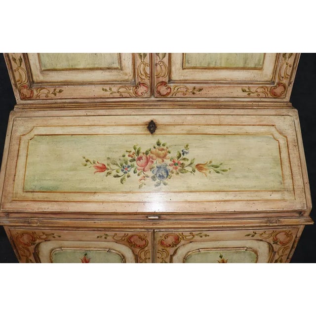 1940s 1940s Italian Venetian Secretary Desk – Hand-Painted Floral Decor, Distressed Finish For Sale - Image 5 of 10
