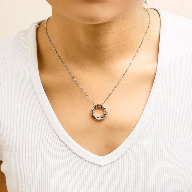 Haus of Brilliance Tri Tone Sterling Silver 1/5 Cttw Diamond Interlocking Circle Pendant Necklace For Sale - Image 4 of 5