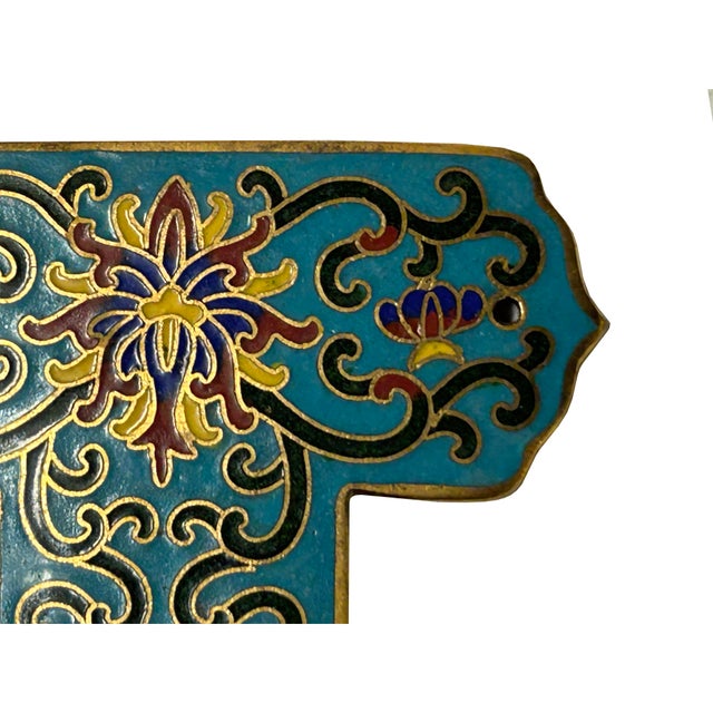 Metal Set of 2 Turquoise Enamel Cloisonne T Shape Metal Decor Plaque Art For Sale - Image 7 of 7