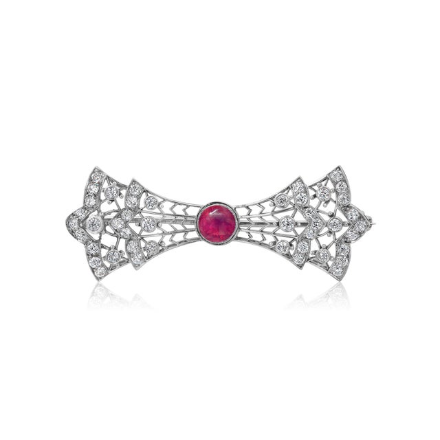 Silver 1930s Platinum and White Gold Diamond Bow Brooch With Burma Ruby Center For Sale - Image 8 of 8