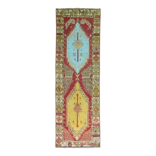 Mid 20th Century Red Field Anatolian Oushak Runner with Electric Blue and Gold Medallions For Sale