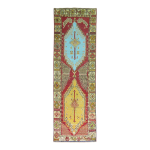 Mid 20th Century Red Field Anatolian Oushak Runner with Electric Blue and Gold Medallions