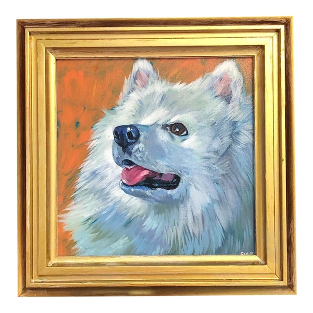 Contemporary Portrait Painting of a Spitz Dog, Framed For Sale