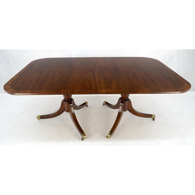 Brown Banded Double Pedestal Tripod Base Mahogany 72" Long Dining Table 2 Leaves MINT For Sale - Image 8 of 12