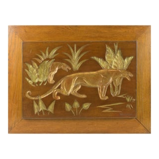 Art Deco Engraved Wood Panel of Panthers, by N.R. Brunet, circa 1930 For Sale