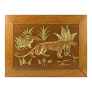 Art Deco Engraved Wood Panel of Panthers, by N.R. Brunet, circa 1930