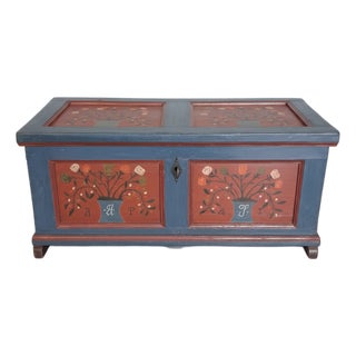 Antique Hand-Painted Folk Art Chest in Blue and Red, 1841 For Sale
