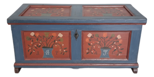 Antique Hand-Painted Folk Art Chest in Blue and Red, 1841