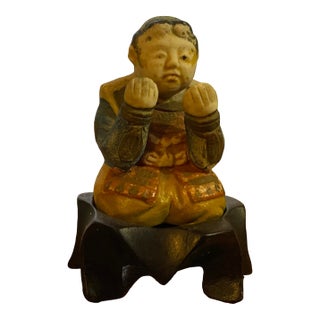 Antique Chinese Scholar or Immortal Bisque Figurine Worshiping, Kneeling Reading (Tao Scroll) For Sale