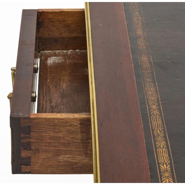 Wood French Louis XVI Style Brass Mounted Writing Desk. Black Leather Top For Sale - Image 7 of 10