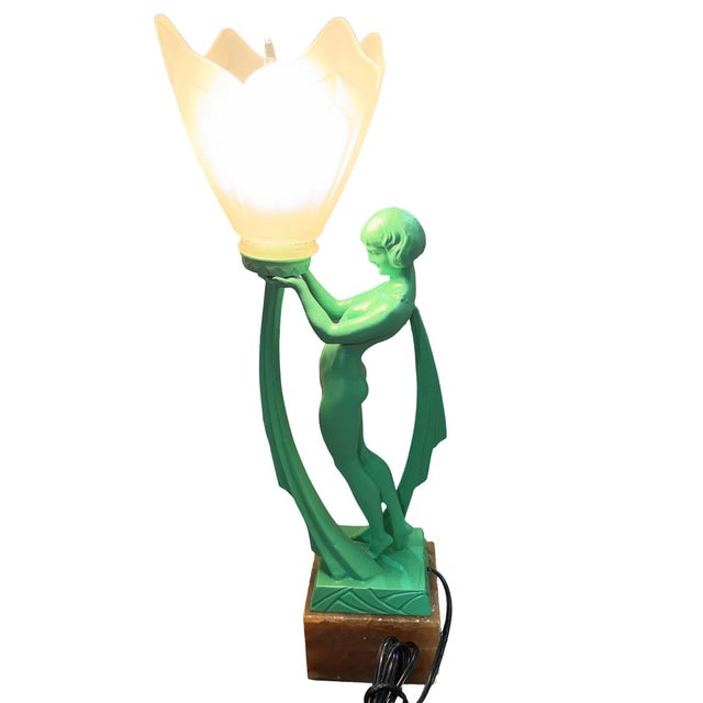 Art Deco 1930s French Green Spleter Metal Art Deco Style Biba Lamp on Marble by Jacques Limousin For Sale - Image 3 of 9