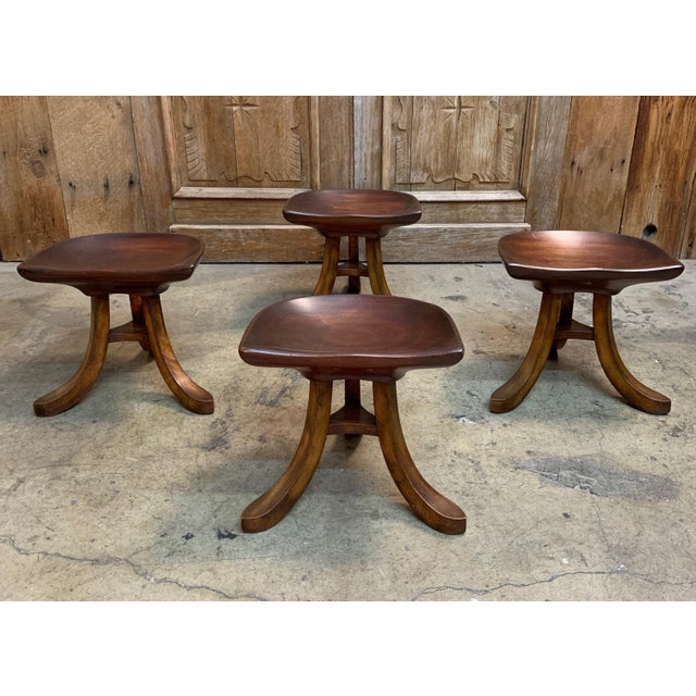 1950s Vintage Sculpted Mahogany Tripod Stools After Adolf Loos - Set of 4 For Sale - Image 10 of 10