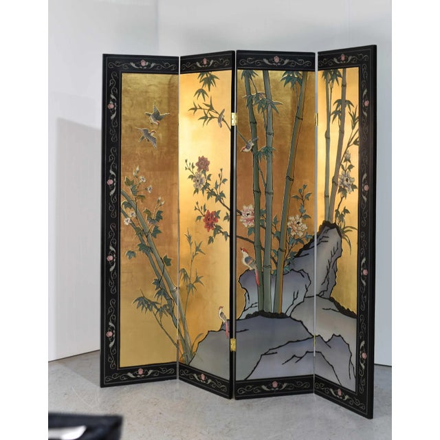 Decorate your space with our Vintage Chinoiserie Gold Leaf Lacquer 4-Panel Room Divider Screen, infusing it with classical...