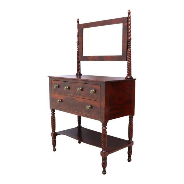 Wood Early 19th Century Sheraton Carved Mahogany 3 Drawer Dressing Table With Barley Twist Legs & Mirror For Sale - Image 7 of 16