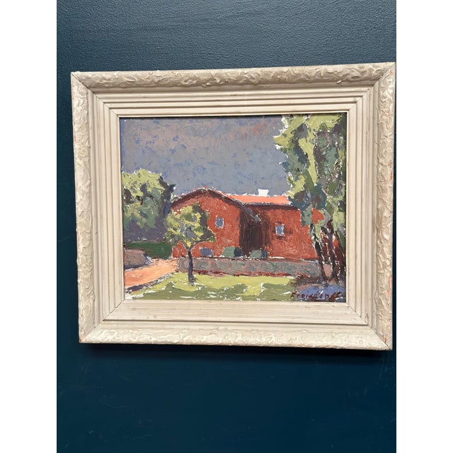 Original swedish oil on panel – “gult hus” by e. Freidland – signed – vintage & framed – 54 × 47 cm (21.3" × 18.5") incl....