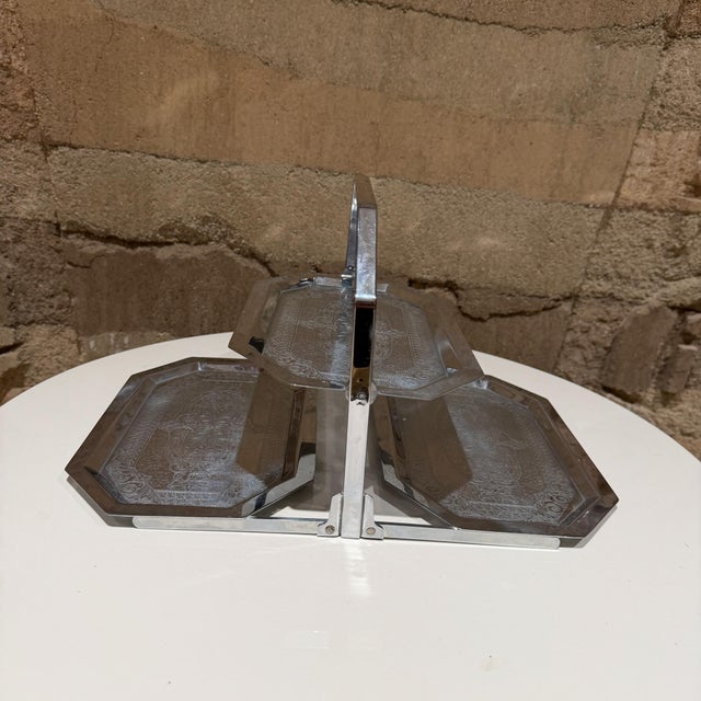 For your consideration, a Chase Art Deco chrome triple-tier folding snack tray designed for serving hors d'oeuvres. It...