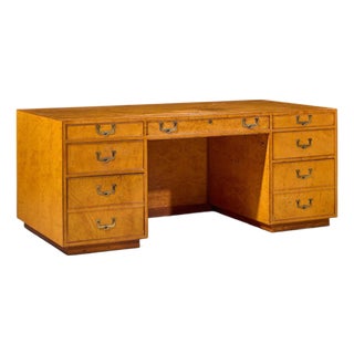 John Widdicomb Mid Century Burlwood and Brass Campaign Executive Desk For Sale