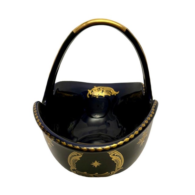 Victorian Vintage Gilded Cobalt Blue Large Porcelain Basket Courting Couple Motif France. For Sale - Image 3 of 9