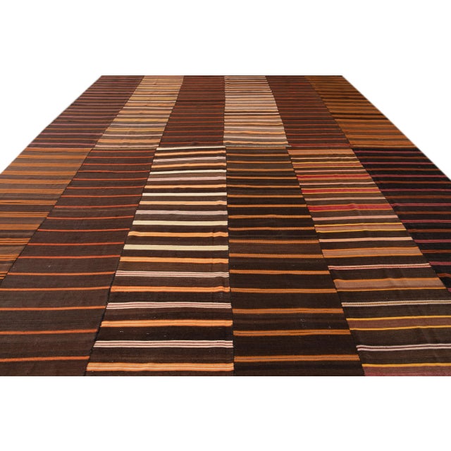 Abstract Mid-Century Striped Flatweave Handmade Brown Wool Rug For Sale - Image 3 of 11