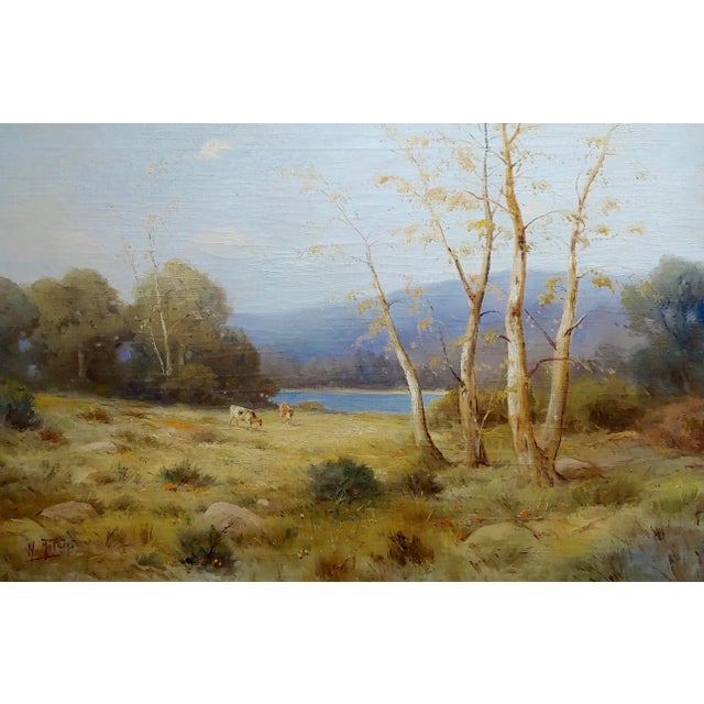 American Quaint Pastoral Landscape by the Lake -19th Century Oil Painting For Sale - Image 3 of 10