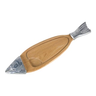Vintage Large Wood Metal Fish Buffet Cutting Serving Board Sigma Wall Hanging For Sale