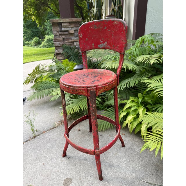 1940s 1940s Vintage Industrial Distressed Red Metal Machinist Counter Stool For Sale - Image 5 of 10