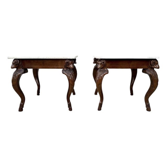 Vintage Ram’s Head Carved Walnut & Travertine Side Tables Attributed to Minton Spidell – Pair For Sale
