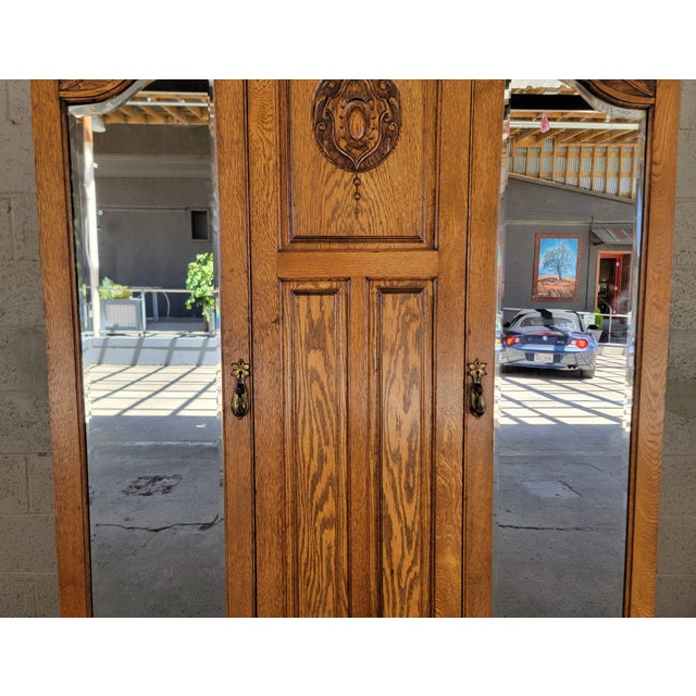 Antique Armoire / Wardrobe English Oak With Beveled Mirror Doors For Sale - Image 12 of 18