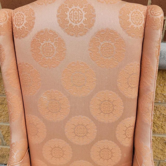Wood 20th C High Back Wingback Chair With Peach Chinoiserie Upholstery For Sale - Image 7 of 8
