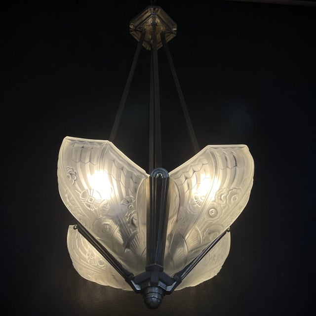 Metal Art Deco Chandelier Hanging Lamp attributed to Jean Gauthier for J. Robert Paris, 1930s For Sale - Image 7 of 13