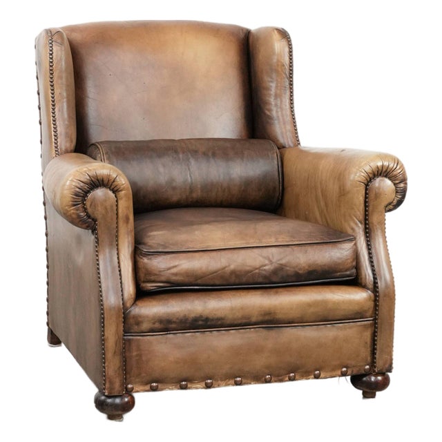 Large Cowhide Leather Wing Chair For Sale