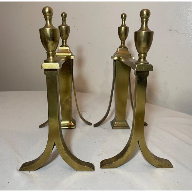 Brass Pair of 2 Antique 19th Century Victorian Brass Fireplace Andirons Fire Dogs Rest For Sale - Image 8 of 10