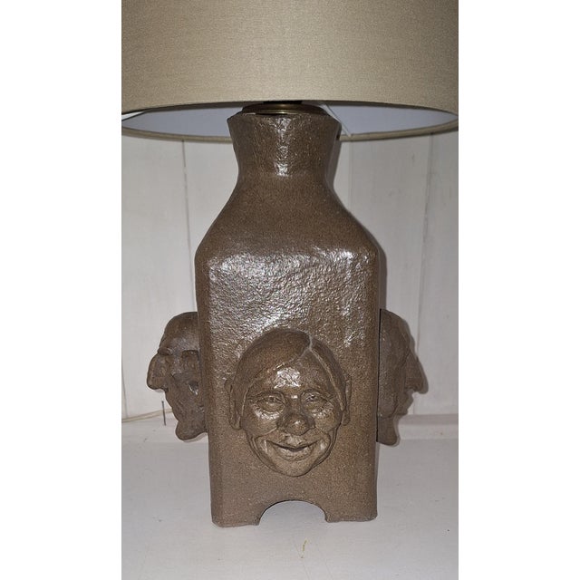 Vintage Table Lamp with Brown Ceramic Base with 4 Different Cartoon Faces and Beige Fabric Shade, 1982 For Sale - Image 11 of 15