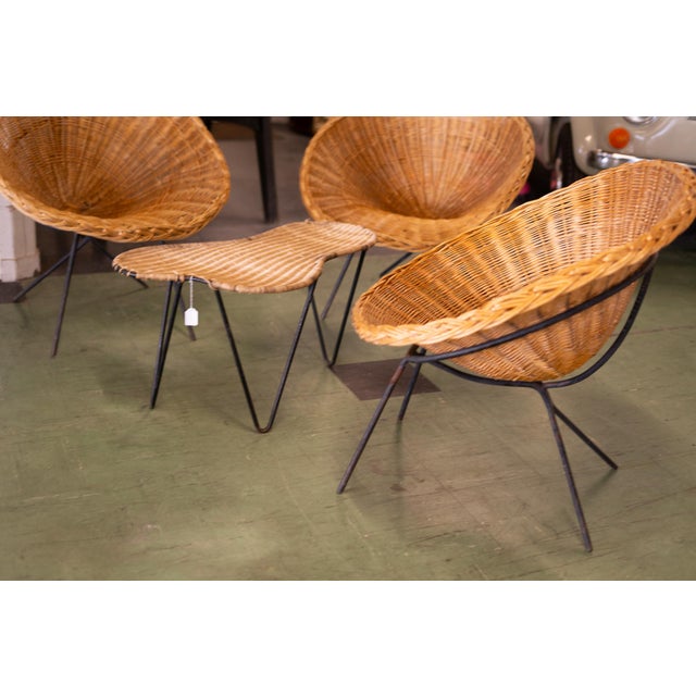 Brown Rattan Salon Table and Chairs by Raoul Guys, 1950, Set of 4 For Sale - Image 8 of 12