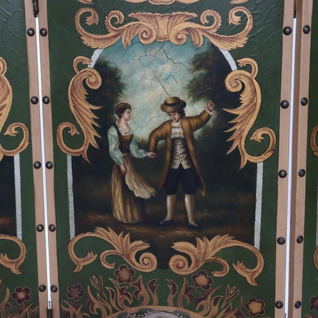 Antique Hand Painted Leather on Board Four Panel Dressing Screen 20thC For Sale - Image 9 of 9