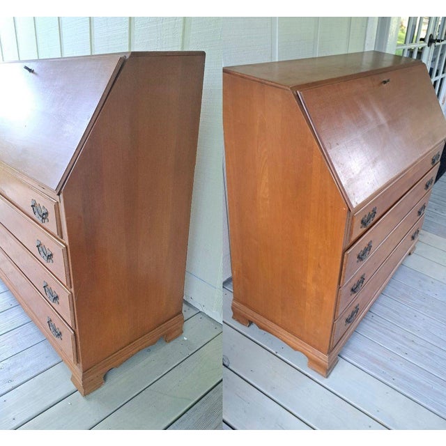 Antique Gov Winthrop Drop Front Secretary Desk Maple 4 Drawer Slant Front Chippendale Style For Sale In West Palm - Image 6 of 13